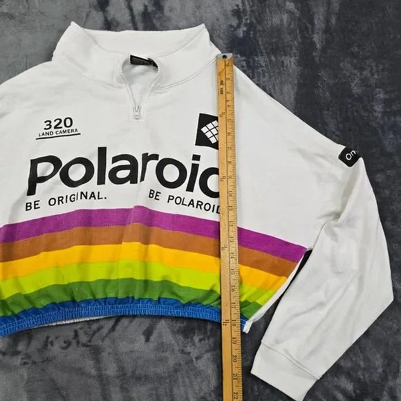 Polaroid Cropped Quarter Zip Sweatshirt Women XL White Rainbow Retro Pride - Picture 6 of 7